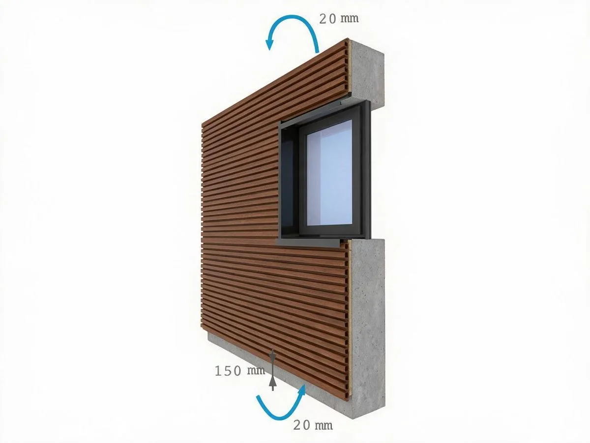 Revestimiento composite con 150 mm de separación del suelo y cámara de aire ventilada de 20 mm