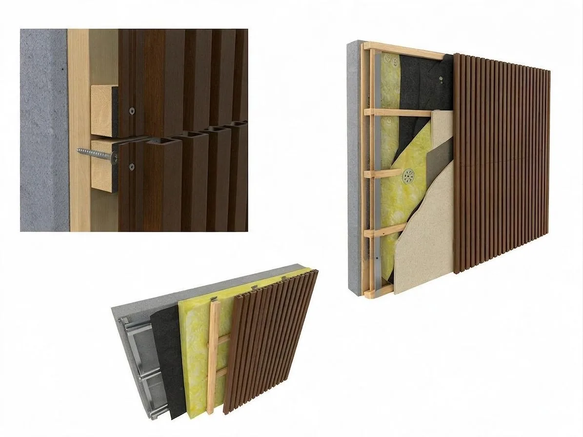 Sección de un revestimiento composite WEO® sobre rastrelado de madera ventilado